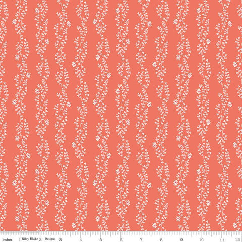 SALE New Dawn Clover Stripe C9854 Coral - Riley Blake Designs - Orange Pink Floral Flowers Leaves Striped Stripes -  Quilting Cotton