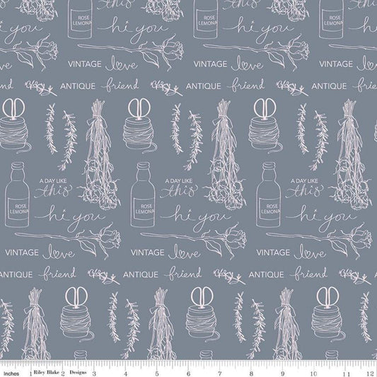 CLEARANCE Idyllic Text C9881 Gray - Riley Blake - Words Floral Icons - Quilting Cotton Fabric