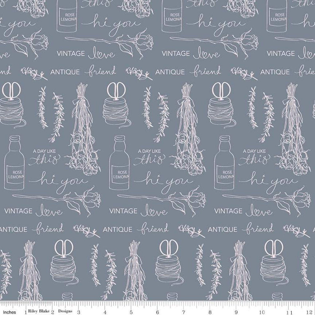 CLEARANCE Idyllic Text C9881 Gray - Riley Blake - Words Floral Icons - Quilting Cotton Fabric