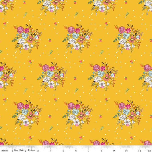 CLEARANCE Idyllic Bouquets C9882 Mustard - Riley Blake Designs - Flowers Floral Dots Yellow Cream - Quilting Cotton Fabric