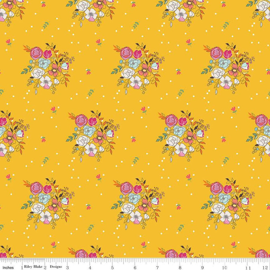 SALE Idyllic Bouquets C9882 Mustard - Riley Blake Designs - Flowers Floral Dots Yellow Cream - Quilting Cotton Fabric