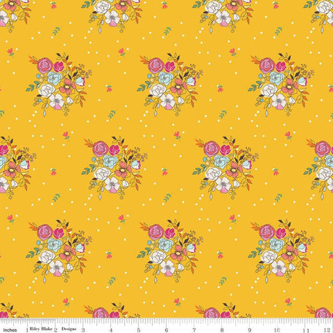SALE Idyllic Bouquets C9882 Mustard - Riley Blake Designs - Flowers Floral Dots Yellow Cream - Quilting Cotton Fabric