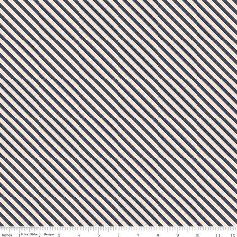 12" end of bolt - Idyllic Stripes C9885 Navy - Riley Blake Designs - Blue Cream Diagonal Stripe Striped - Quilting Cotton Fabric