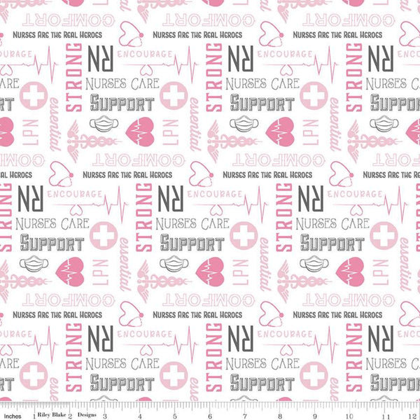 CLEARANCE Nobody Fights Alone Nurses Care C10422 White - Riley Blake Designs - Pink White Symbols Text Nursing  - Quilting Cotton Fabric