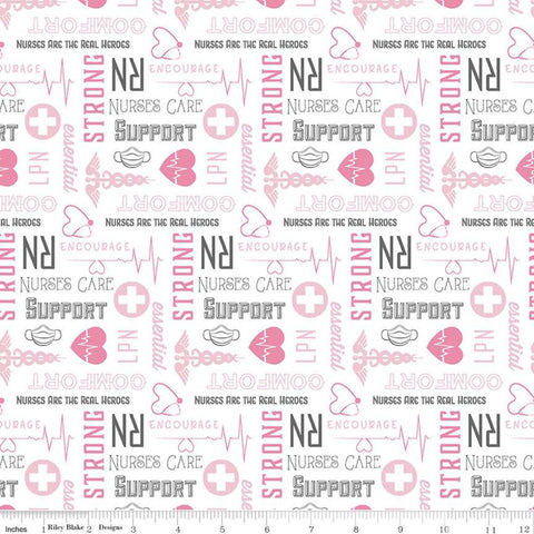 CLEARANCE Nobody Fights Alone Nurses Care C10422 White - Riley Blake Designs - Pink White Symbols Text Nursing  - Quilting Cotton Fabric