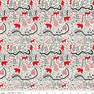 SALE Wild at Heart Map C9822 Cream - Riley Blake Designs - Outdoors Bear Moose Trails Forest Trees - Quilting Cotton Fabric
