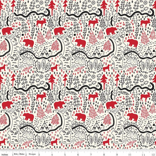 SALE Wild at Heart Map C9822 Cream - Riley Blake Designs - Outdoors Bear Moose Trails Forest Trees - Quilting Cotton Fabric