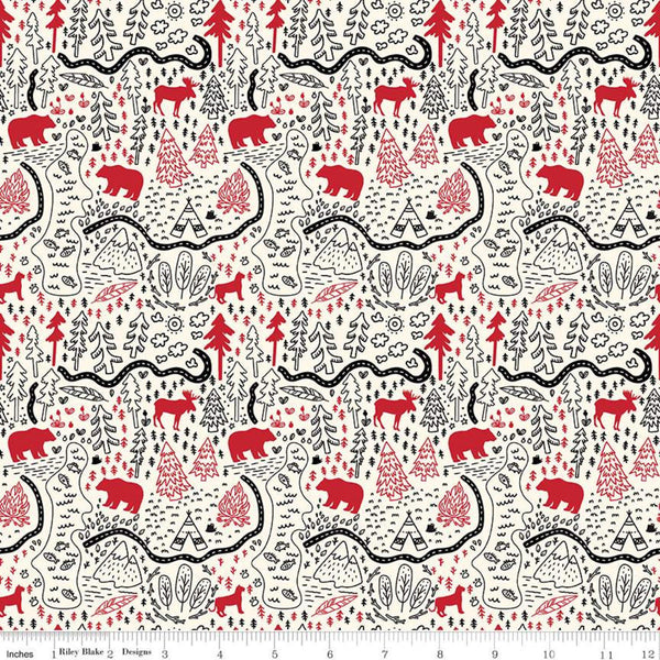 SALE Wild at Heart Map C9822 Cream - Riley Blake Designs - Outdoors Bear Moose Trails Forest Trees - Quilting Cotton Fabric