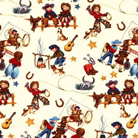 Rodeo Kids  CX1147 Cream by Michael Miller - Juvenile Retro Western Cowboys Cowgirls  - Quilting Cotton Fabric