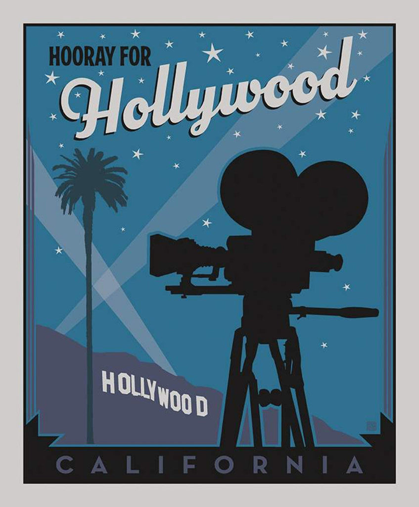 CLEARANCE Destinations Poster Panel P10020 Hollywood by Riley Blake Designs - Movie Camera Hooray for Hollywood - Quilting Cotton Fabric