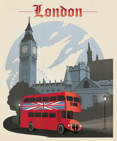 SALE Destinations Poster Panel P10027 London by Riley Blake Designs - Double-Decker Bus Big Ben DIGITALLY PRINTED - Quilting Cotton Fabric