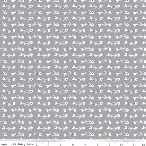 29" End of Bolt - SALE Purrfect Day Fishbones C9903 Gray - Riley Blake Designs - Cat Cats Kittens Fish Gray White - Quilting Cotton Fabric