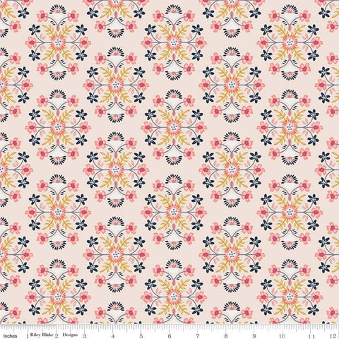 CLEARANCE Golden Aster Motif C9841 Cream - Riley Blake Designs - Floral Flowers Damask Like Medallions  - Quilting Cotton Fabric
