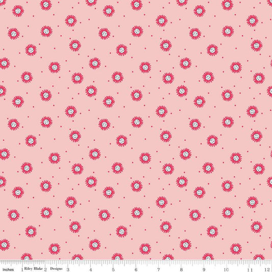 CLEARANCE Golden Aster Daisy C9844 Pink - Riley Blake Designs - Floral Flowers Daisies Pin Dot Pink Cream - Quilting Cotton Fabric