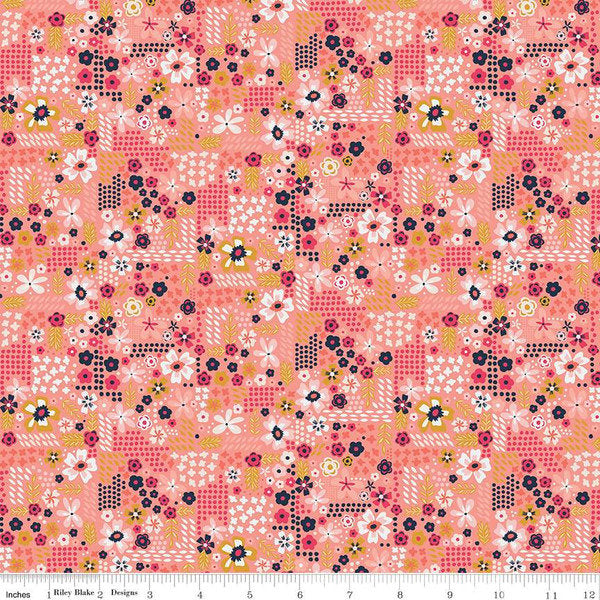 SALE Golden Aster Garden C9845 Coral - Riley Blake Designs - Floral Flowers Leaves Dots Orange Pink Cream - Quilting Cotton Fabric