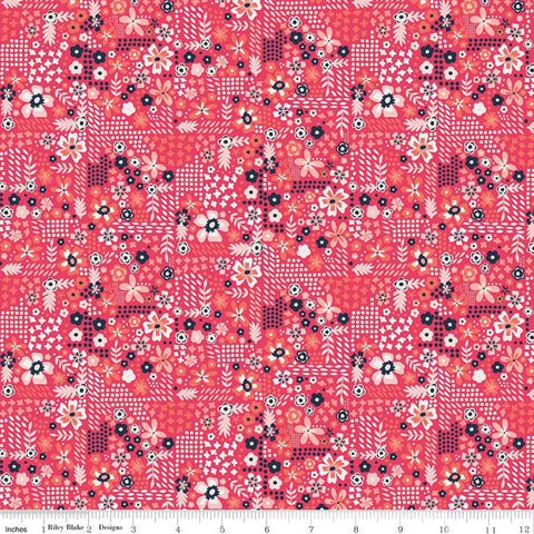 SALE Golden Aster Garden C9845 Dark Pink - Riley Blake Designs - Floral Flowers Leaves Dots Pink Cream Gray - Quilting Cotton Fabric