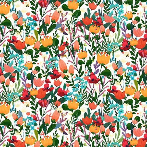 CLEARANCE Woodland Musicians Flower Fusion DC9014 Bright White - The Little Red House for Michael Miller - Floral - Quilting Cotton Fabric