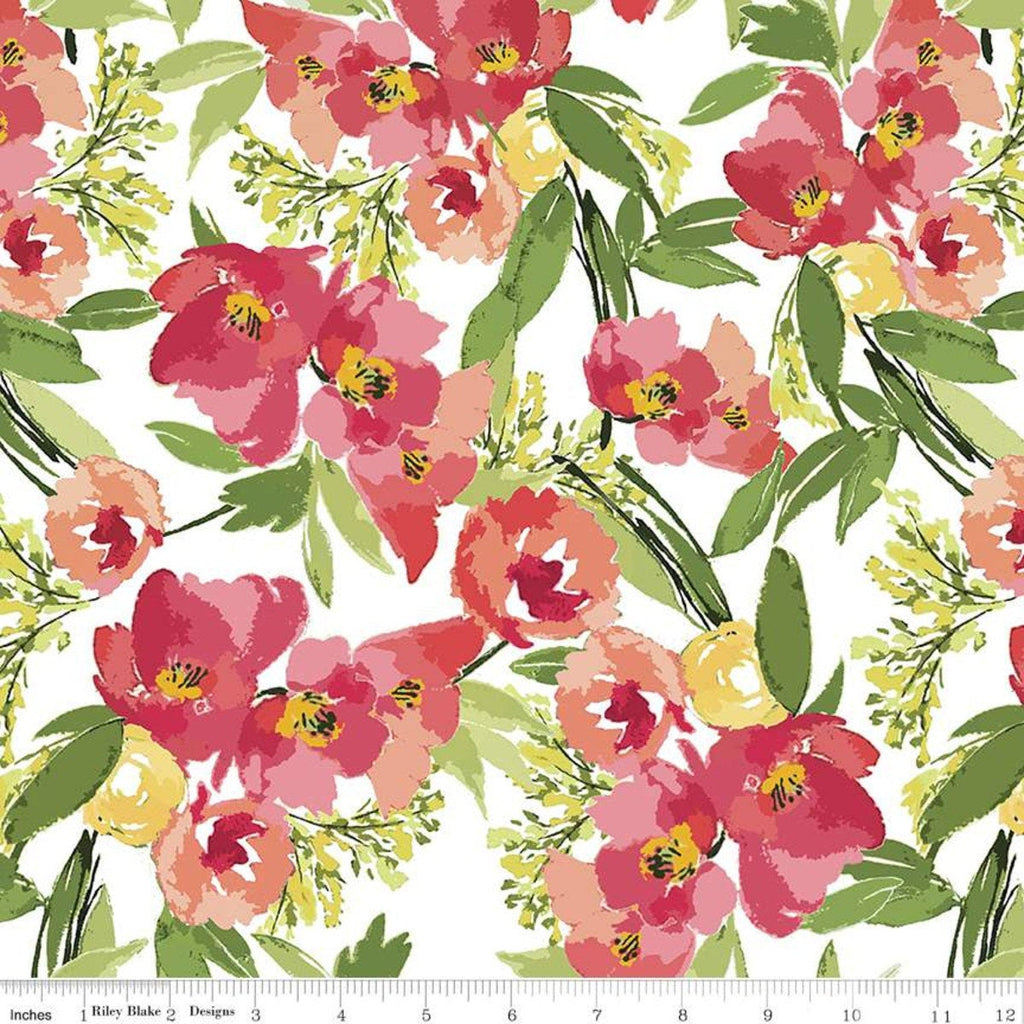 SALE Glohaven Main C9830 White - Riley Blake Designs - Flowers Floral -  Quilting Cotton Fabric