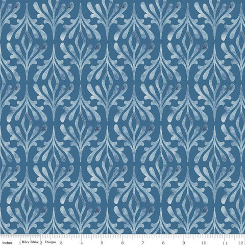 13" End of Bolt - CLEARANCE Glohaven Damask C9833 Blue - Riley Blake Designs - Tone on Tone Watercolor Pattern - Quilting Cotton Fabric