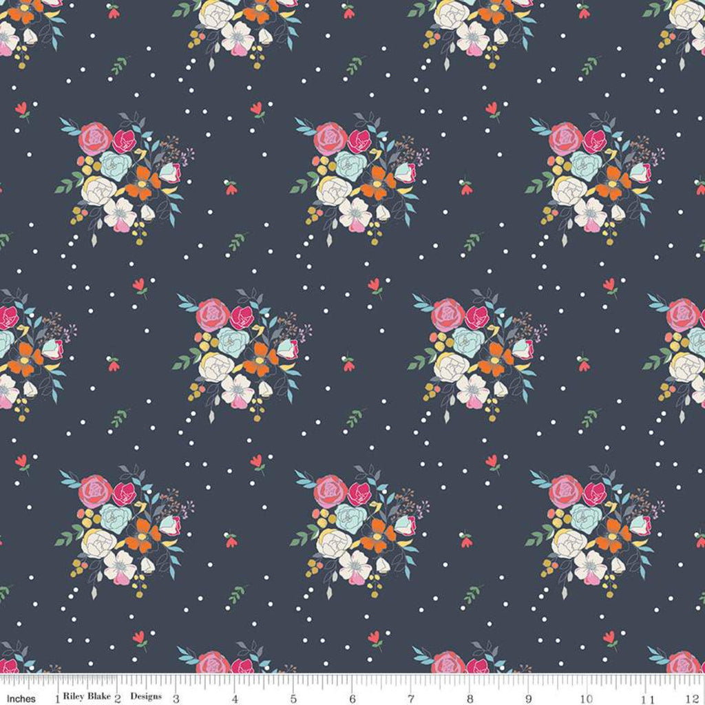 17" End of Bolt - SALE Idyllic Bouquets C9882 Navy - Riley Blake Designs - Flowers Floral Dots Blue Cream - Quilting Cotton Fabric
