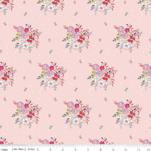 28" End of Bolt - CLEARANCE Idyllic Bouquets C9882 Pink - Riley Blake Designs - Flowers Floral Dots Pink Cream - Quilting Cotton Fabric