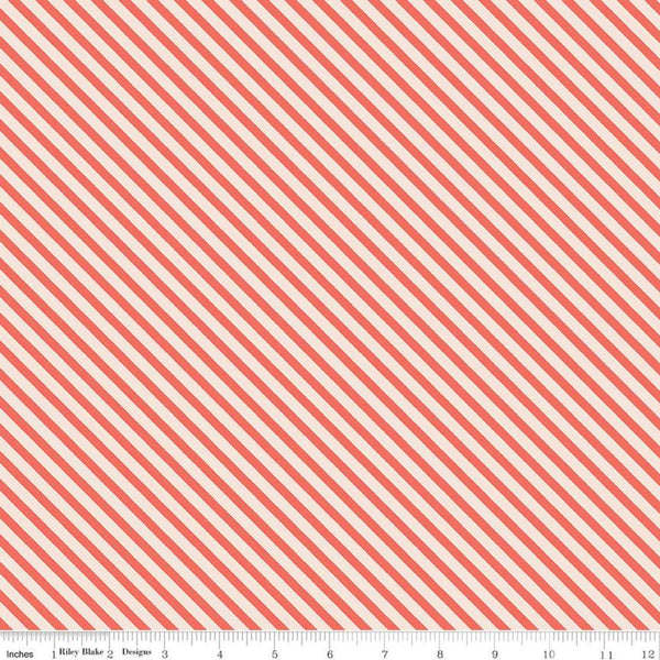 33" End of Bolt - SALE Idyllic Stripes C9885 Coral - Riley Blake Designs - Orange Cream Diagonal Stripe Striped - Quilting Cotton Fabric