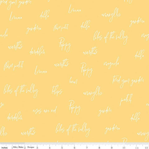 31" End of Bolt - CLEARANCE Bloom and Grow Words C10111 Yellow - Riley Blake - Floral Words Phrases Text Script - Quilting Cotton Fabric