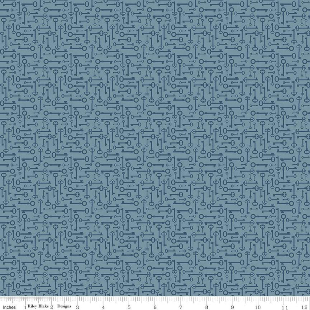 Bloom and Grow Keys C10114 Blue - Riley Blake Designs - Antique Keys Tone on Tone - Quilting Cotton Fabric