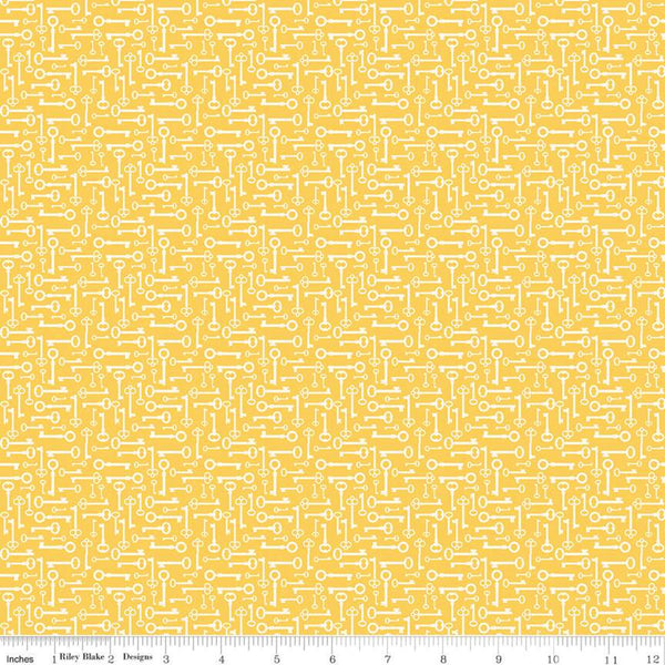 Bloom and Grow Keys C10114 Yellow - Riley Blake Designs - Cream Antique Keys on Yellow - Quilting Cotton Fabric