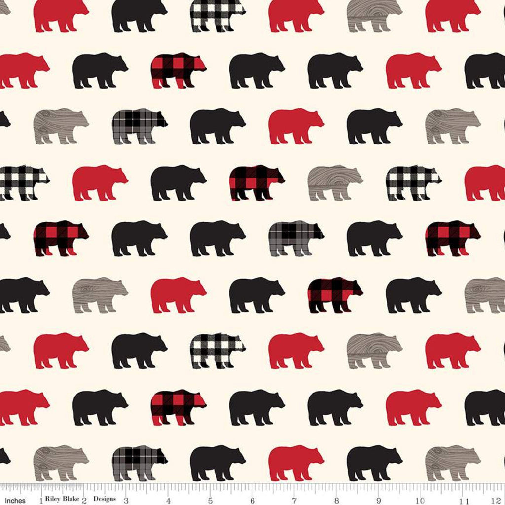 SALE Wild at Heart Bears C9821 Cream - Riley Blake Designs - Outdoors Bear Silhouettes Black Red Cream - Quilting Cotton Fabric
