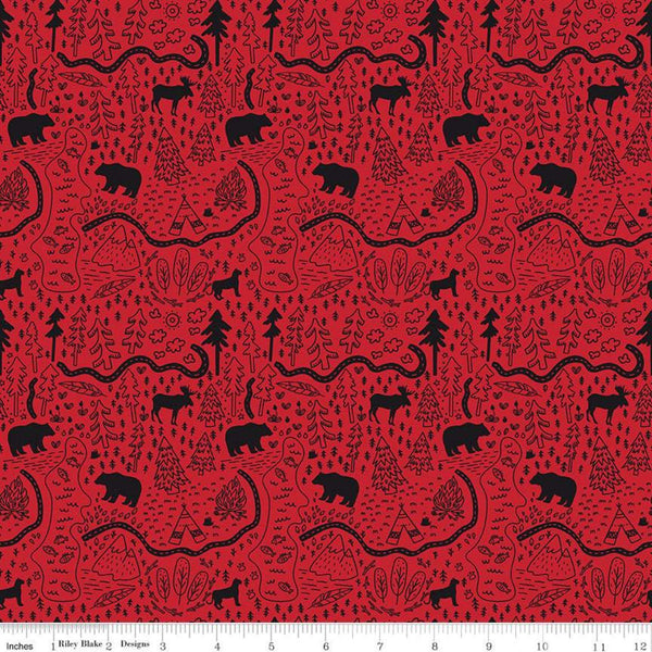 Wild at Heart Map C9822 Red - Riley Blake Designs - Outdoors Bear Moose Trails Forest Trees - Quilting Cotton Fabric