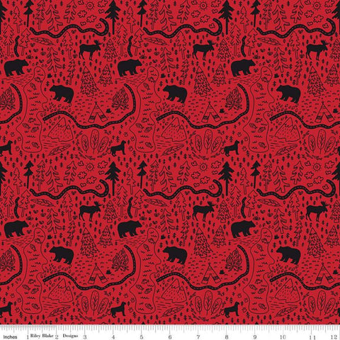 Wild at Heart Map C9822 Red - Riley Blake Designs - Outdoors Bear Moose Trails Forest Trees - Quilting Cotton Fabric