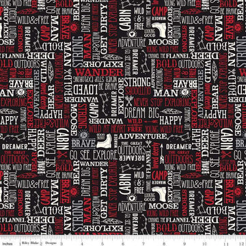 CLEARANCE Wild at Heart Words C9826 Black - Riley Blake Designs - Outdoors Outdoor Icons Words Text Black - Quilting Cotton Fabric