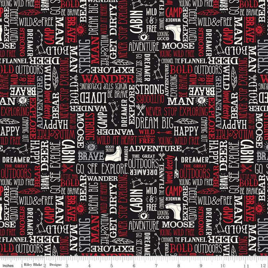CLEARANCE Wild at Heart Words C9826 Black - Riley Blake Designs - Outdoors Outdoor Icons Words Text Black - Quilting Cotton Fabric