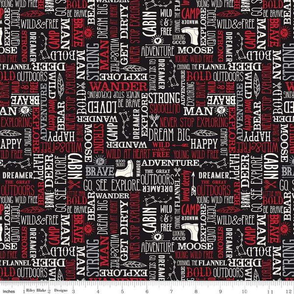 CLEARANCE Wild at Heart Words C9826 Black - Riley Blake Designs - Outdoors Outdoor Icons Words Text Black Cream Red - Quilting Cotton Fabric