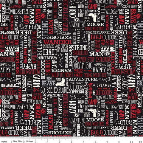 SALE Wild at Heart Words C9826 Black - Riley Blake Designs - Outdoors Outdoor Icons Words Text Black Cream Red - Quilting Cotton Fabric