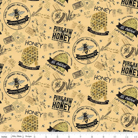 Fat Quarter End of Bolt - CLEARANCE Bee's Life Main C10100 Honey - Riley Blake - Gold Beehive Honeycomb Text Words - Quilting Cotton Fabric