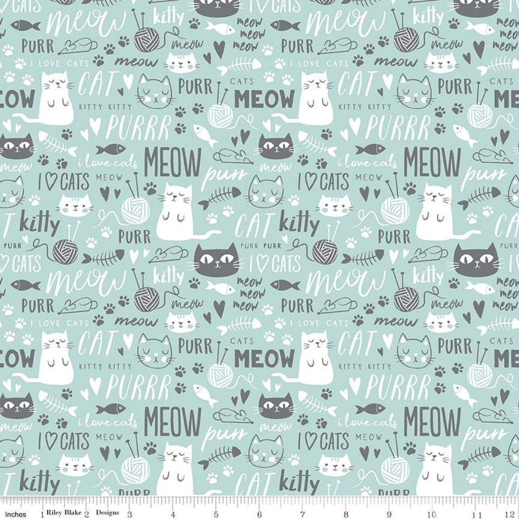 SALE Purrfect Day Text C9902 Aqua - Riley Blake Designs - Cat Cats Kittens Words Yarn Fish Mice Blue Gray White - Quilting Cotton Fabric