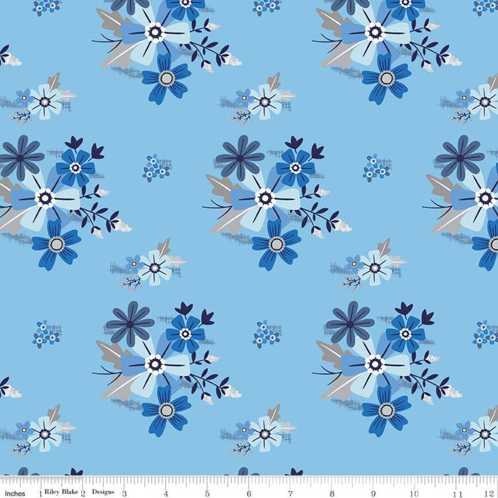 27" End of Bolt - SALE Blue Stitch Main C10060 Sky - Riley Blake Designs - Flowers Floral Blue -  Quilting Cotton Fabric
