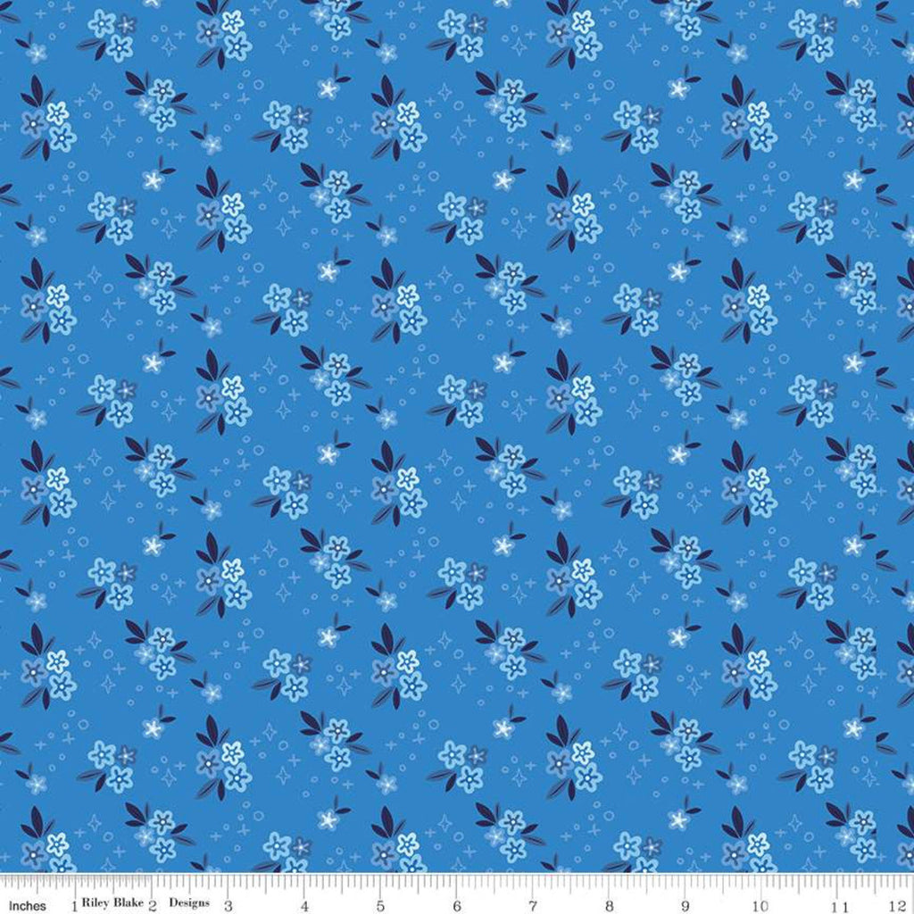 34" End of Bolt Piece - SALE Blue Stitch Ditsy C10061 Blue - Riley Blake Designs - Flowers Floral -  Quilting Cotton Fabric