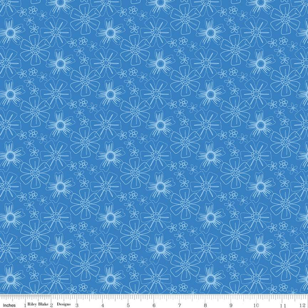 SALE Blue Stitch Floral C10063 Blue - Riley Blake Designs - Tossed Printed Stitched Flowers -  Quilting Cotton Fabric