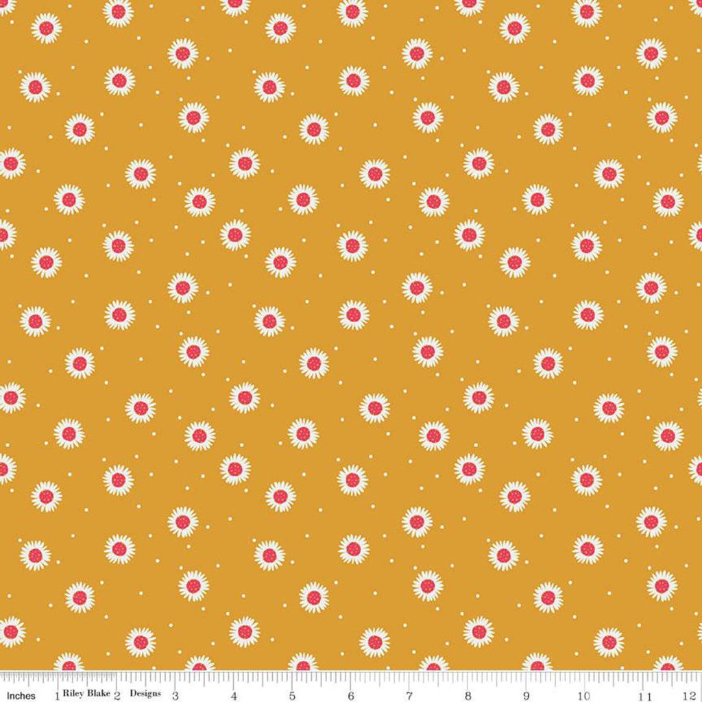 SALE Golden Aster Daisy C9844 Mustard - Riley Blake Designs - Floral Flowers Daisies Pin Dot Gold Pink Cream - Quilting Cotton Fabric
