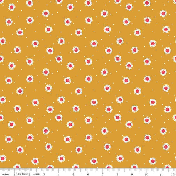 29" End of Bolt - SALE Golden Aster Daisy C9844 Mustard - Riley Blake - Floral Flowers Pin Dot Gold Pink Cream - Quilting Cotton Fabric