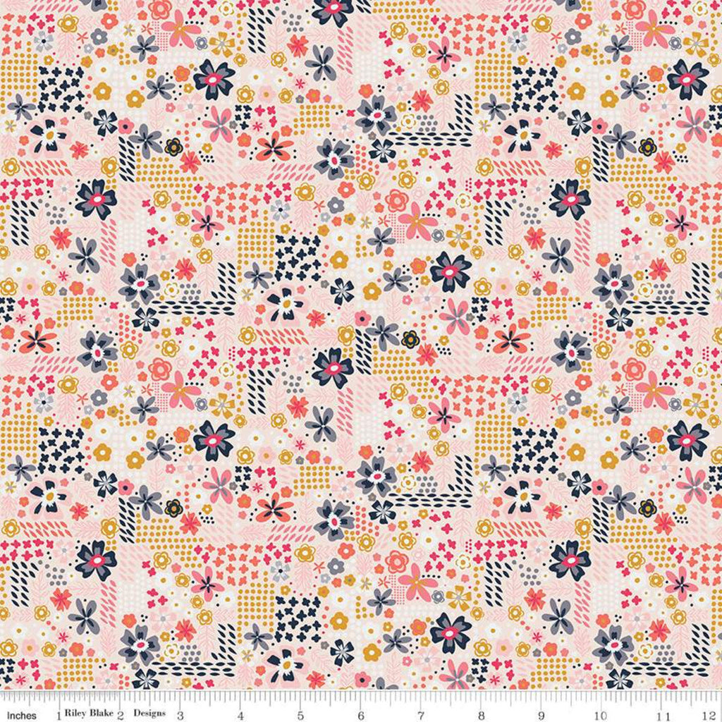 18" End of Bolt - Golden Aster Garden C9845 Cream - Riley Blake Designs - Floral Flowers Leaves Dots - Quilting Cotton Fabric