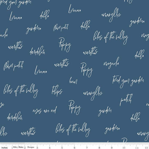 22" End of Bolt Piece - CLEARANCE Bloom and Grow Words C10111 Navy - Riley Blake Designs - Floral Words Text Blue - Quilting Cotton Fabric
