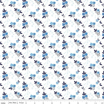 25" End of Bolt - SALE Blue Stitch Ditsy C10061 White - Riley Blake Designs - Flowers Floral -  Quilting Cotton Fabric