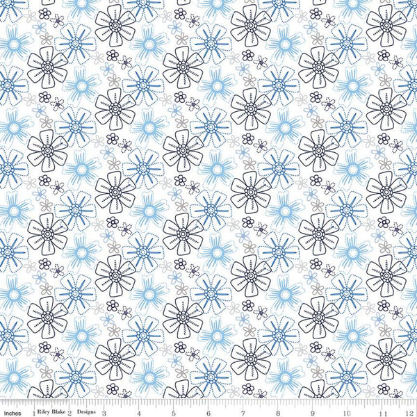 CLEARANCE Blue Stitch Floral C10063 White - Riley Blake Designs - Tossed Printed Stitched Flowers Blue Gray White -  Quilting Cotton Fabric