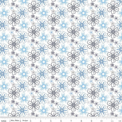 SALE Blue Stitch Floral C10063 White - Riley Blake Designs - Tossed Printed Stitched Flowers Blue Gray White -  Quilting Cotton Fabric