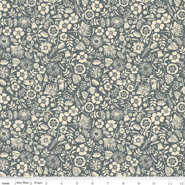 SALE Meadow Lane Floral Imprint C10125 Gray - Riley Blake Designs - Floral Cream Flowers Leaves -  Quilting Cotton Fabric