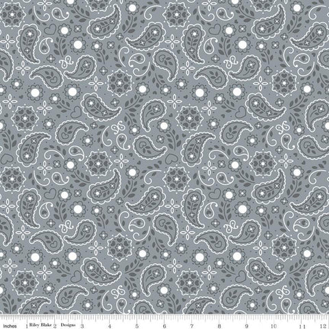 Down on the Farm Bandana C10073 Gray - Riley Blake Designs - Children's Gray White Paisley Flowers Hearts Dots - Quilting Cotton Fabric